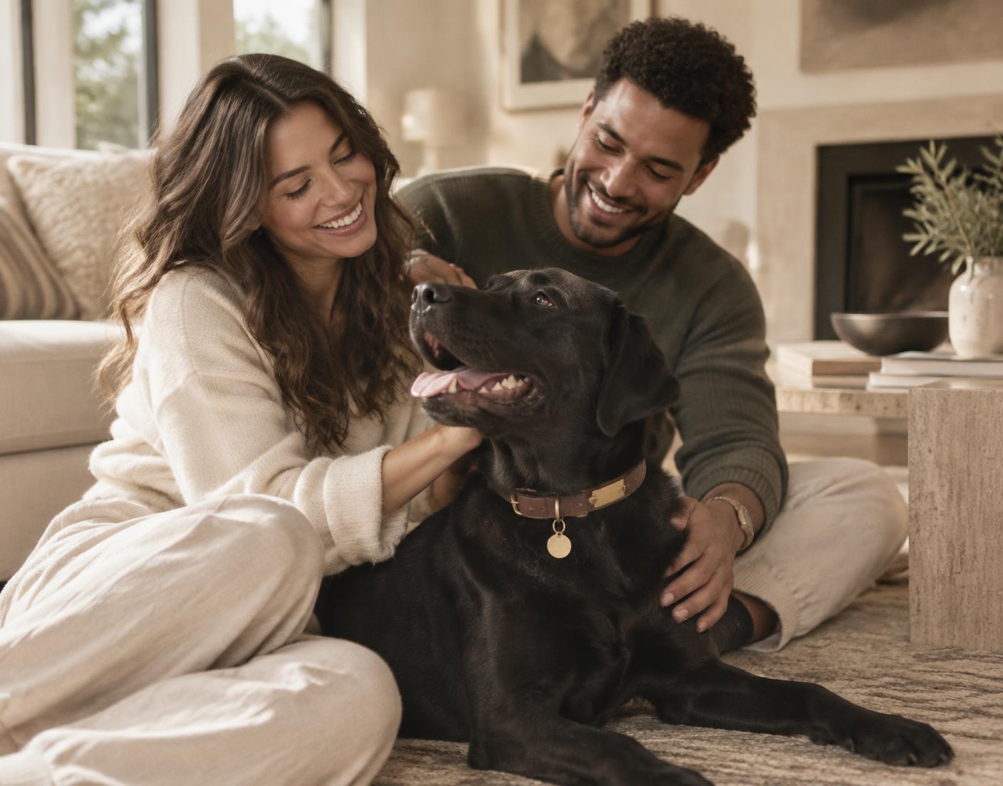 A couple at home with their beloved black Labrador