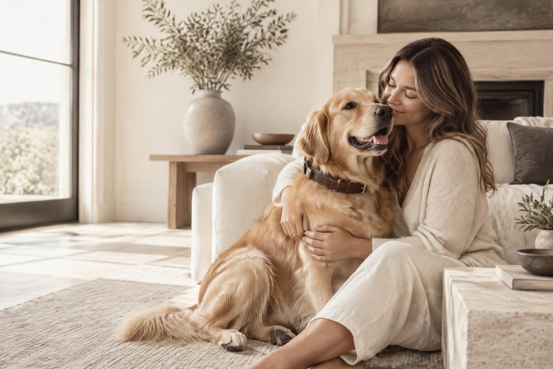 A woman sharing a quiet moment with her golden retriever